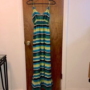 Green, blue and yellow Banana Republic maxi dress.